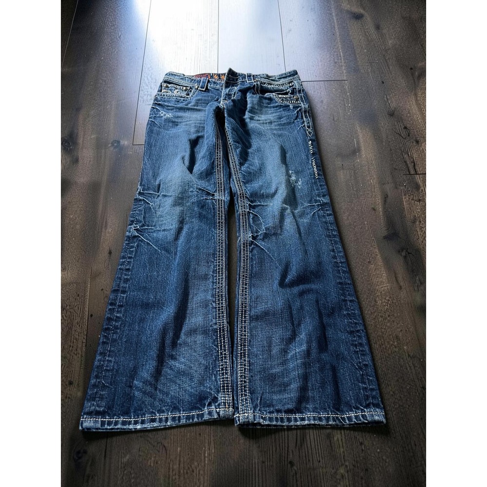 Rock Revival Nathan Relaxed Straight Jeans Men 34 Blue Distressed Y2K Grunge